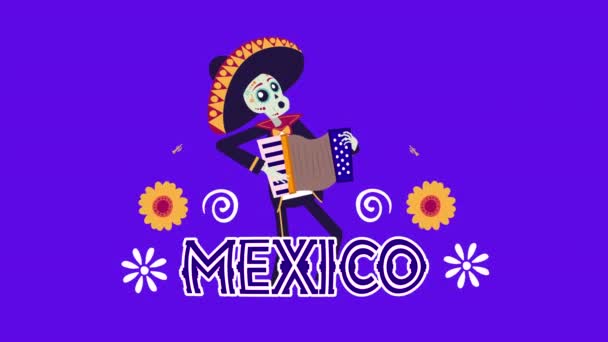 Живая мексиканская анимация с черепом мариачи на аккордеоне — стоковое видео