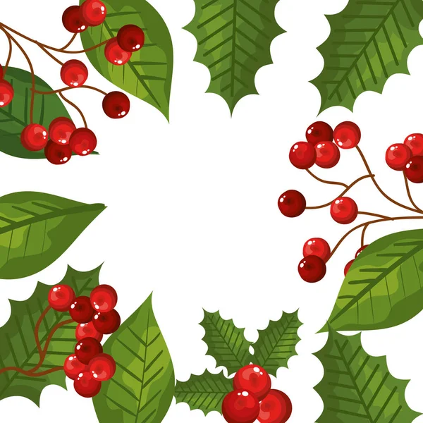 Marco de hojas y ramas con semillas iconos de Navidad — Vector de stock