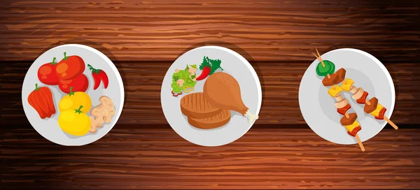 Set di deliziosi cibi su sfondo di legno — Vettoriale Stock
