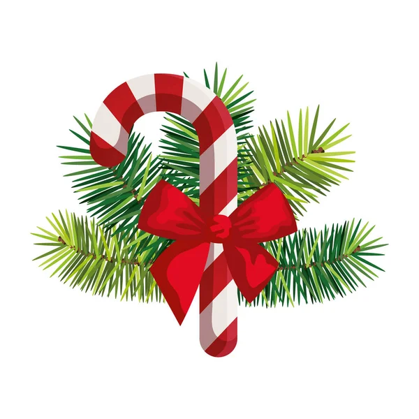 Noël de canne à sucre avec arc et feuilles — Image vectorielle