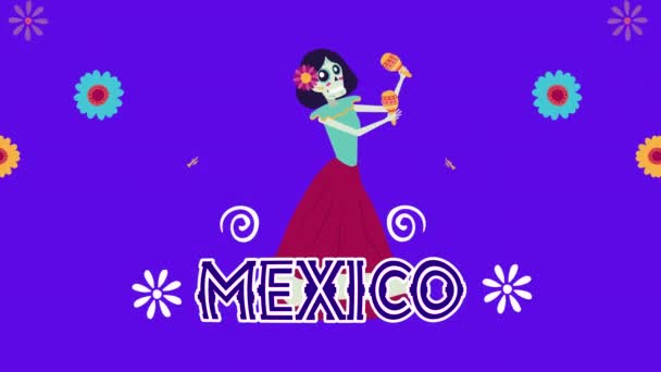 Viva animación mexicana con cráneo de catrina jugando carácter maracas — Vídeo de stock