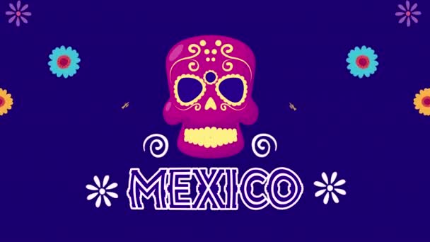 带有骷髅面具和花朵的墨西哥万岁动画 — 图库视频影像