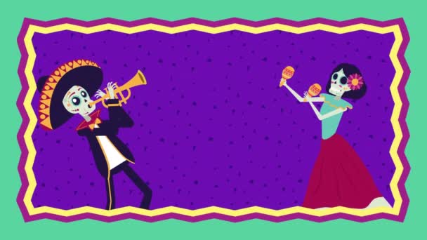 Viva animação mexico com personagens de caveiras mariachi e catrina — Vídeo de Stock