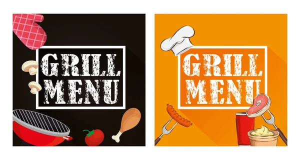 Ensemble affiche de menu grill avec de délicieux aliments — Image vectorielle