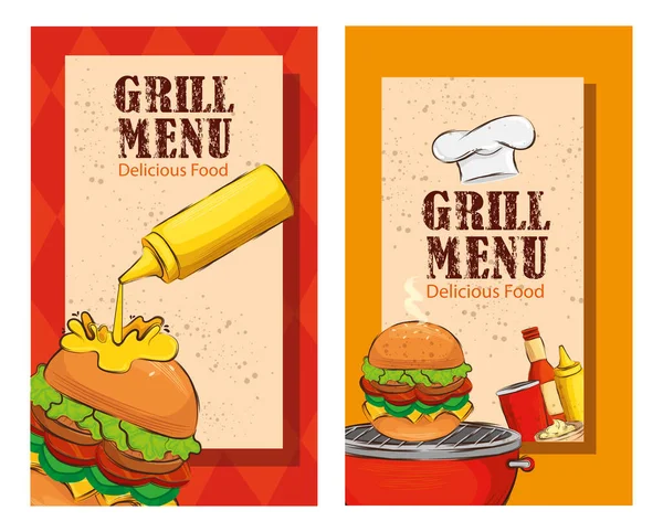 Set póster de menú a la parrilla con deliciosas hamburguesas — Vector de stock