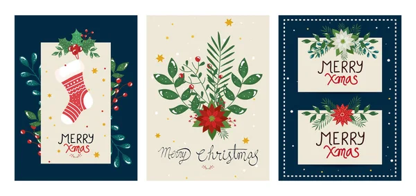 Reihe von Plakaten frohe Weihnachten mit Dekorationen — Stockvektor