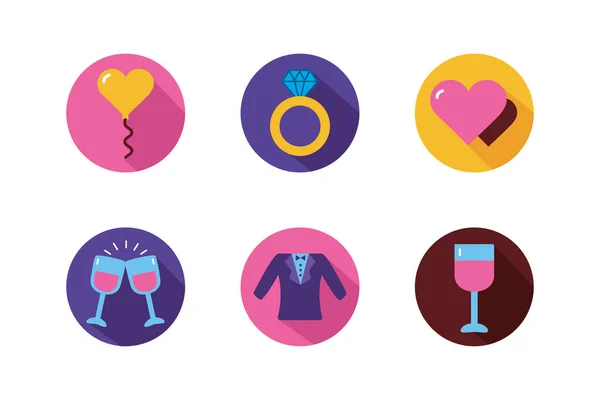 Geïsoleerde bruiloft en liefde blok pictogram set vector ontwerp — Stockvector