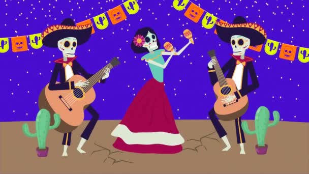 Viva animación mexicana con personajes de calaveras de mariachis y catrina — Vídeos de Stock