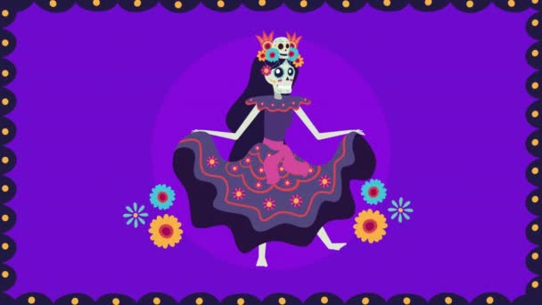 Viva mexico animatie met catrina schedel dansende karakter — Stockvideo