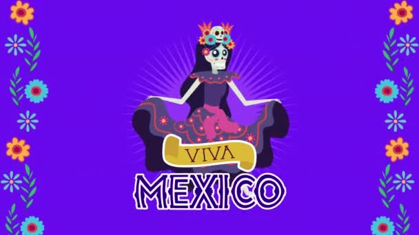 Viva animação mexico com personagens de caveiras mariachi e catrina — Vídeo de Stock