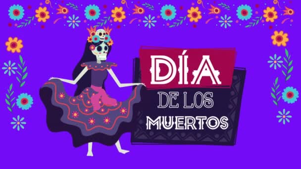 Dia de los muertos animace s kočičí lebkou taneční postava — Stock video