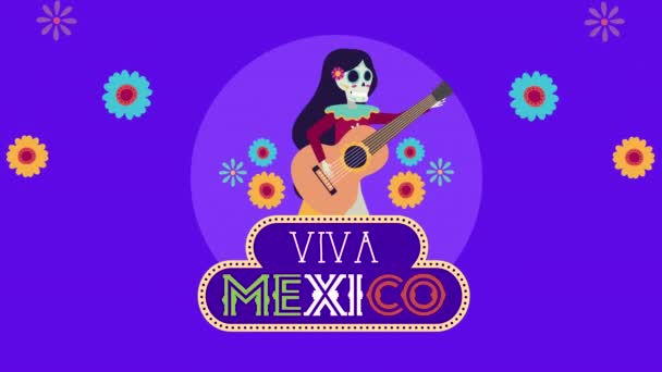 Viva mexico animation with catrina skull playing guitar character — Stock Video