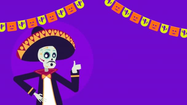 Viva animación mexicana con personaje de cráneo de mariachi — Vídeo de stock