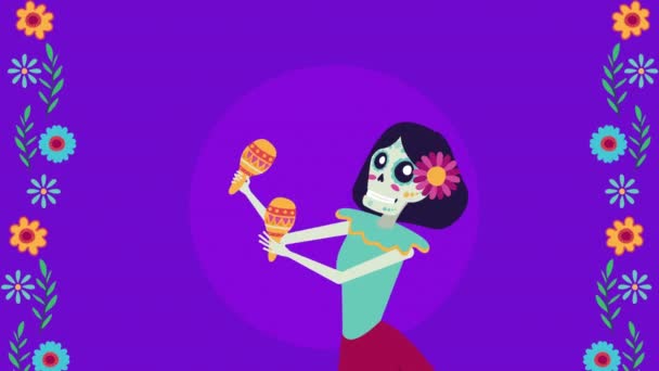 Живая мексиканская анимация с черепом Катрины, играющей персонажа маракаса — стоковое видео