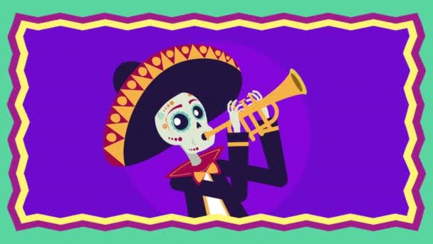 Viva animación mexicana con cráneo de mariachi tocando trompeta — Vídeo de stock