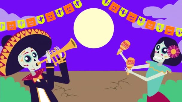 Viva animación mexicana con personajes de calaveras de mariachi y catrina — Vídeos de Stock