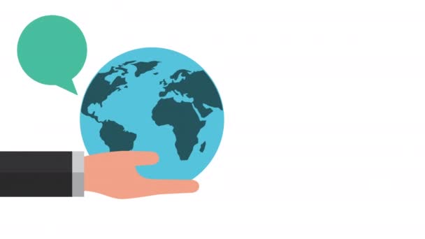 Mão levantando planeta terra e fala bolha — Vídeo de Stock