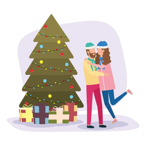 Happy merry christmas couple celebrating with pine tree — Stock Vector