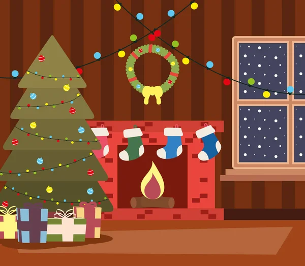 Gelukkig vrolijk kerst huis plaats met boom en geschenken scene — Stockvector