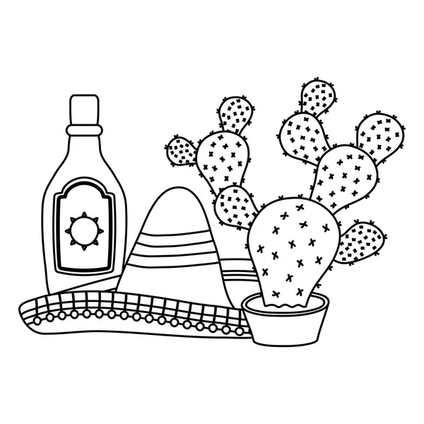 Cactus mexican with traditional hat and tequila bottle — Stock Vector