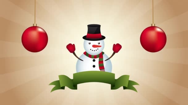 Happy merry christmas animation with snowman character — Stock Video