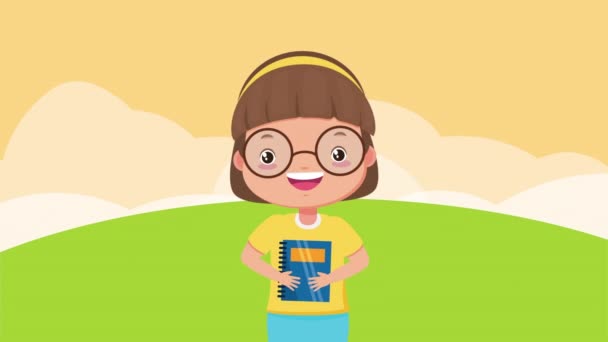 Cute little girl z notebooka w terenie — Wideo stockowe