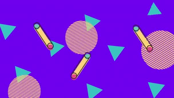 Líneas de colores y figuras geométricas en la animación de fondo lila — Vídeo de stock