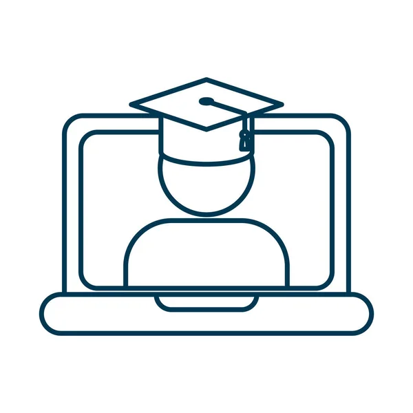Étudiant diplômé avec chapeau dans un ordinateur portable — Image vectorielle