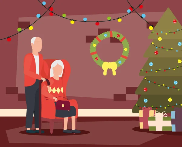 Abuelos pareja en casa lugar con decoración de Navidad — Archivo Imágenes Vectoriales