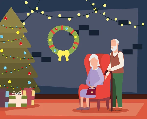 Abuelos pareja en casa lugar con decoración de Navidad — Vector de stock