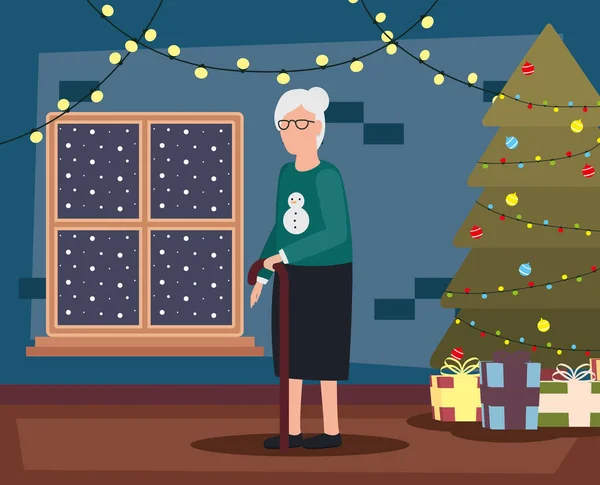 Babcia w salonie z dekoracją świąteczną — Wektor stockowy