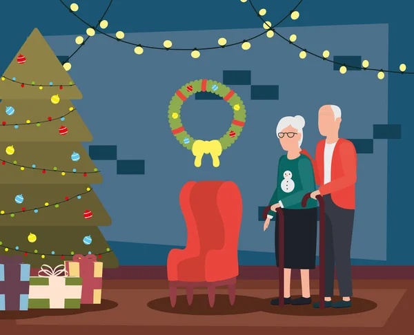 Großelternpaar im Haus mit Weihnachtsdekoration — Stockvektor