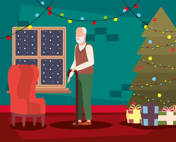 Abuelo en sala de estar con decoración de Navidad — Archivo Imágenes Vectoriales