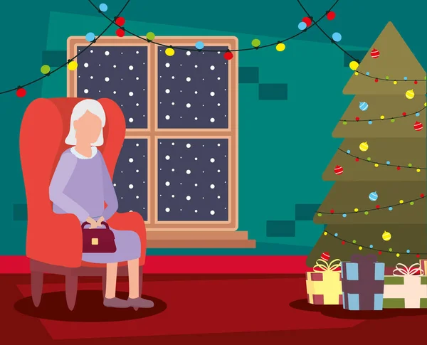 Abuela en sala de estar con decoración de Navidad — Archivo Imágenes Vectoriales