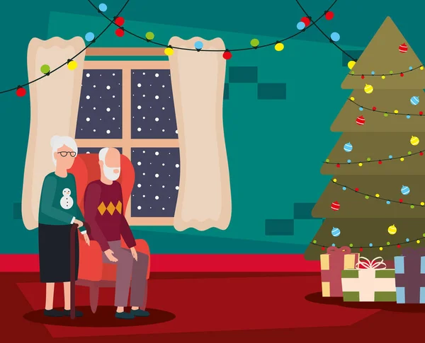 Grand-parents couple dans la maison place avec décoration de Noël — Image vectorielle