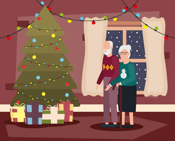 Grand-parents couple dans la maison place avec décoration de Noël — Image vectorielle