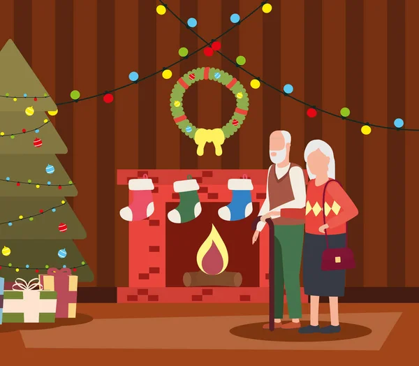 Grand-parents couple dans la maison place avec décoration de Noël — Image vectorielle