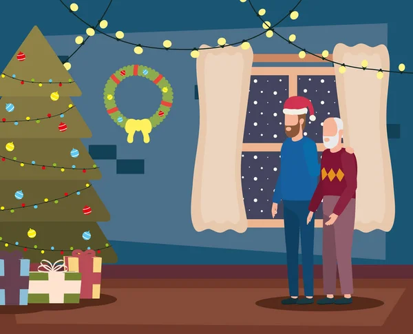 Παππούς και γιος στο χώρο του σπιτιού με χριστουγεννιάτικη διακόσμηση — Διανυσματικό Αρχείο