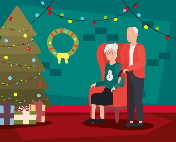 Nonni coppia in casa con decorazione natalizia — Vettoriale Stock