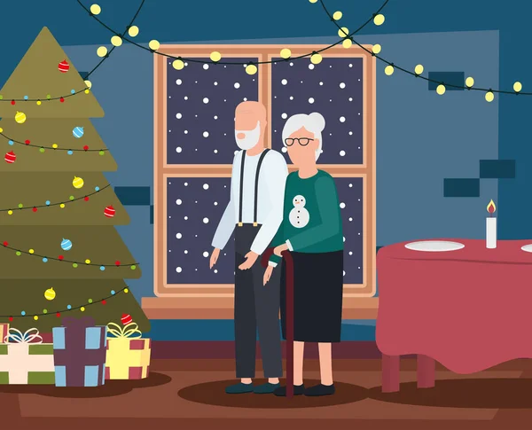 Dziadkowie para w salonie z dekoracji świątecznej — Wektor stockowy
