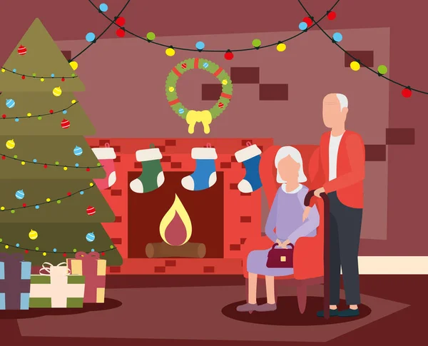 할아버지와 할머니가 크리스마스 장식을 하며 집에 있는 모습 — 스톡 벡터