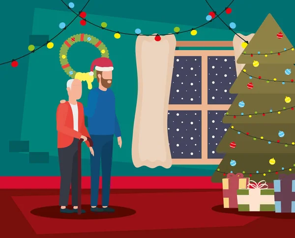 Grand-père et fils dans la place de la maison avec décoration de Noël — Image vectorielle