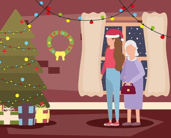 Büyükanne ve kızı Noel süslemeleri ile birlikte evde. — Stok Vektör