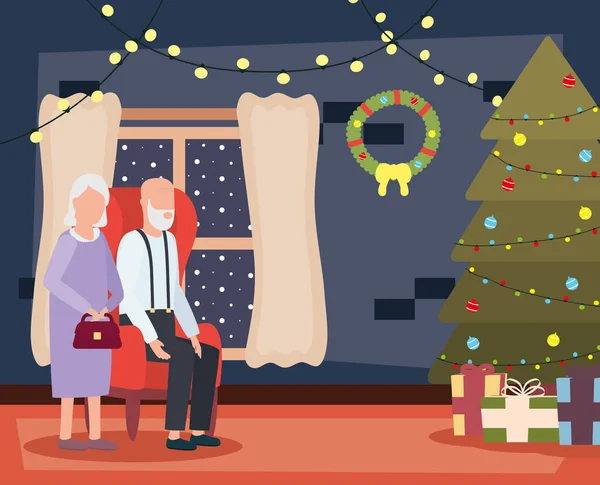 Abuelos pareja en casa lugar con decoración de Navidad — Archivo Imágenes Vectoriales