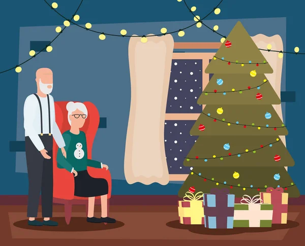 Avós casal no lugar da casa com decoração de Natal — Vetor de Stock