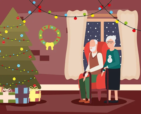 Grand-parents couple dans la maison place avec décoration de Noël — Image vectorielle