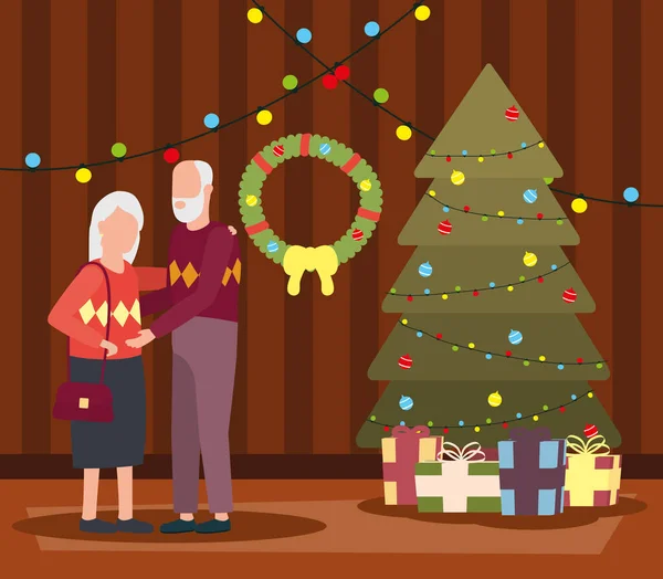 Grootouders paar in huis plaats met kerst decoratie — Stockvector