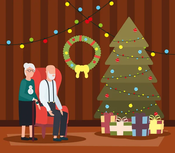 Dziadkowie para w domu miejsce z dekoracji Bożego Narodzenia — Wektor stockowy