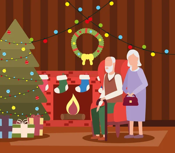 Prarodiče pár v domě místo s vánoční výzdobou — Stockový vektor