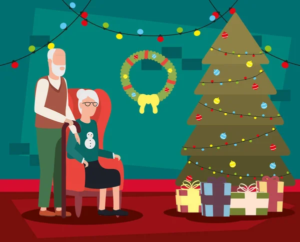 Grand-parents couple dans la maison place avec décoration de Noël — Image vectorielle